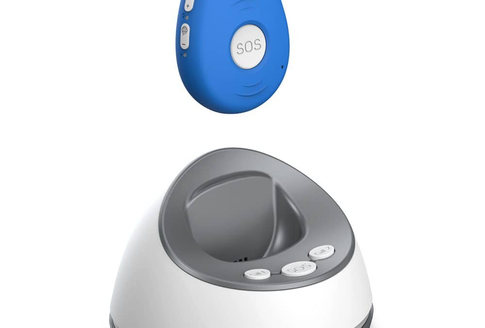 Personal medical alarm device with SOS button and charging dock for elderly safety.